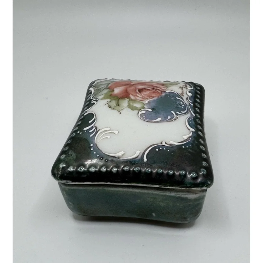 Vintage Porcelain Hand Painted Dresser Vanity Trinket Box Signed Blue Floral